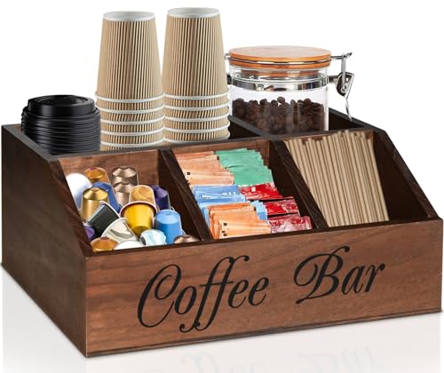 Coffee Station Organizer for Counter, Wood Coffee Pods Holder Storage Basket, Tea Condiment Storage Organizer, Rustic Coffe Bar Decor for Accessories - color: Brown