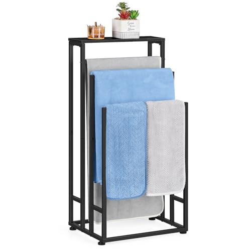 Freestanding Towel Rack 3 Tier Towel Drying Rack for Bathroom Small Standing Hand Towel Holder Black Towel Rack Stand with Storage Shelf for College Dorm Pool Side (Black) - color: Black