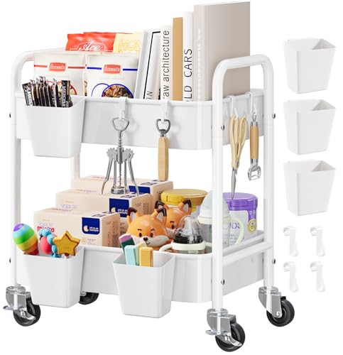 2 Tier Small Rolling Cart Metal with Wheels, White Under Desk Storage Cart on Wheels, Short Utility Roller Caddy Carts Organizer for Art,Craft,Pantry,Bathroom, Two Tiered Shelf Trolley,22 Inches Tall - color: Light White, size: 2 Tier + Cups + Hooks