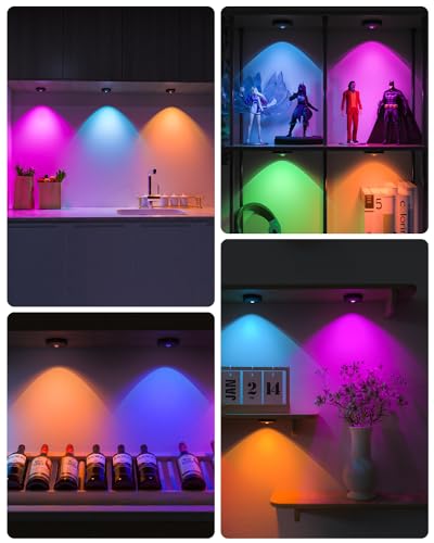 WILLED Rechargeable RGB Puck Lights with Remote Control, 1200mAh Battery Operated Tap Lights, Dimmable Touch Under Cabinet Lighting, Wireless Push Light, LED USB Shelf Light (6 Pack) - color: Black, size: Rgb Multicolor
