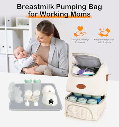 PIIOSER Breastmilk Cooler Bag with Ice Pack, Double Deck Insulated Baby Bottle Travel Bags with Shoulder Strap, Wearable Breast Pump Carry Bag for Nursing Moms Daycare, Work, Picnic(Cream) - color: Cream-2