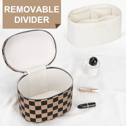 YFGBCX Checkered Makeup Bag Vanity Case with Divider Travel Toiletry Bag Women Cosmetic Bag Makeup Organizer Case - color: Checkered-Brown