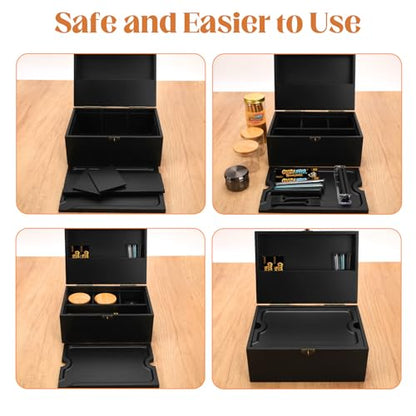 Large Bamboo Storage Box with Lock, Removable Wooden Tray, Airtight Rubber Seal Glass Jars, Decorative Lockable Wooden Organizer Box, Complete Accessories Gift Set