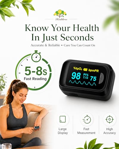 Healthtree JKS50B Pulse Oximeter Fingertip - Blood Oxygen monitor Fingertip with Perfusion Index, Fast 5-8s Reading, Large OLED Display, SpO2 & Heart Rate monitor for Home, Sports, Travel (Includes Batteries & Lanyard)