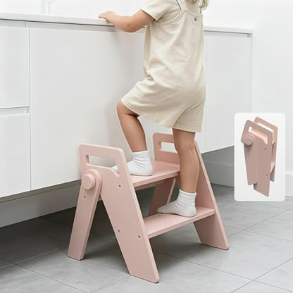 Wooden 2 Step Stool for Toddler Kids Bathroom Foldable 2-Step for Toilet Potty Training, Child Stepping Stool for Kitchen Nursery Bedroom Pink - color: Pink