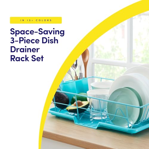 Space-Saving 3-Piece Dish Drainer Rack Set: Efficient Kitchen Organizer for Quick Drying and Storage - Includes Cutlery Holder and Drainboard - Maximize Countertop Space, Turquoise Blue - color: Turquoise Blue