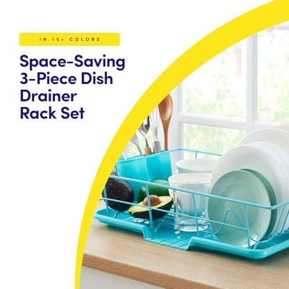 Space-Saving 3-Piece Dish Drainer Rack Set: Efficient Kitchen Organizer for Quick Drying and Storage - Includes Cutlery Holder and Drainboard - Maximize Countertop Space, Turquoise Blue - color: Turquoise Blue