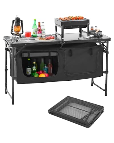 VEVOR Camping Kitchen Table, Folding Outdoor Cooking Table, 3 Adjustable Heights, Aluminum Lightweight Portable Cook Station with Storage Organizer, Carry Handle, for BBQ Party Picnic RV Travel, Black - color: Black