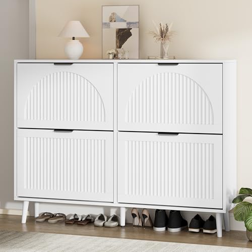 Shoe Storage Cabinet with 2 Flip Drawers, Narrow Wood Shoe Organizer Cabinet, Slim Freestanding Fluted Shoe Cabinet for Entryway, Living Room, Hallway (White, 4-Drawers) - color: White, size: 4-Drawers