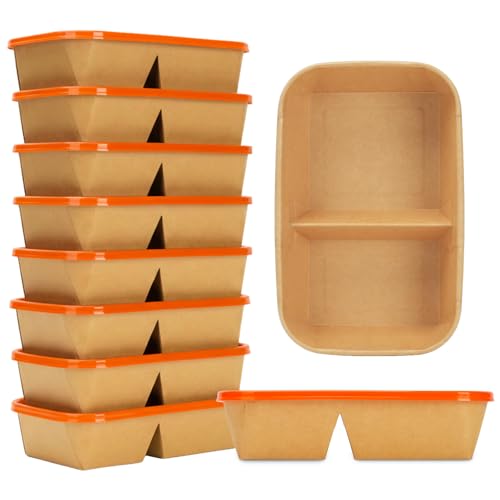 8 Pack 32oz Paper Lunch Box Bento Boxes, 2-Compartment Kraft Brown Paper Take Out Food Containers with Lids, Leakproof Microwave Safe, Disposable To Go Boxes for Picnics, Offices, Catering, Orange - color: Orange Lid & Kraft Brown Box