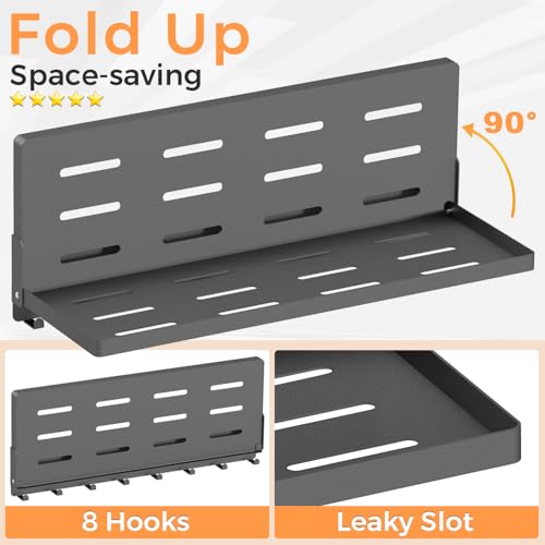 Folding Metal Shelf with Hooks, Wall Mounted Laundry Room Shelf, 8 Hooks & 90° Fold Up, Fold-Down for Rv, Bathroom, Kitchen, Garage, Space Saving, Small Space, Black（17.0", 1 Pack） - color: 17.0" , 1-pack