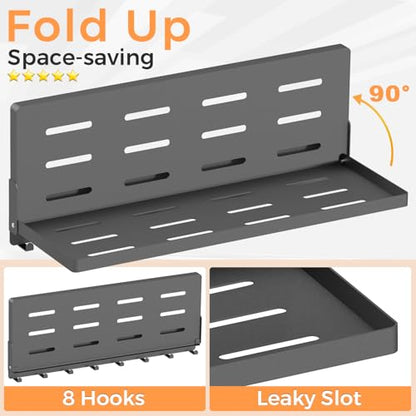 Folding Metal Shelf with Hooks, Wall Mounted Laundry Room Shelf, 8 Hooks & 90° Fold Up, Fold-Down for Rv, Bathroom, Kitchen, Garage, Space Saving, Small Space, Black（17.0", 1 Pack） - color: 17.0" , 1-pack