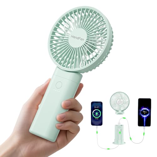 HandFan Upgraded 10,000 mAh Quiet Handheld Fan - 4.5 Inch Large Hand Held Fans Reahargeable, 180° Foldable Portable Fan [30 Working Hours] with Lanyard, Base for Disney/Travel/Concerts/Beach/Office - color: Clear‑Blade Sage Green‑10000mAh