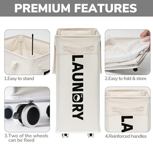 Goodpick Laundry Hamper with Wheels, 75L College Dorm Room Essentials, Clothes Hamper with Removable Wash Bag for Bedroom, Large Laundry Basket with Handle, White - color: White 1-Pack