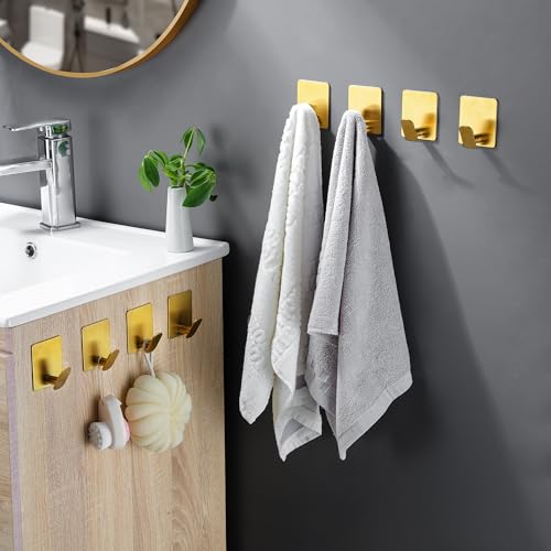 DELITON 8 Pack Gold Wall Hooks - Adhesive Towel Hooks for Bathrooms Kitchen Livingroom Garage, Heavy Duty Hook for Walls, No Damage, Stainless Steel - color: Gold-8