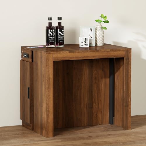 Extendable Dining Table with Storage, Transformer Console Table for 1-12 People, Space Saving Dining Room Table with Built-in Outlet for Homes, Apartments, Walnut - color: B2 Walnut