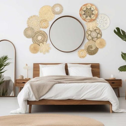Xuhal 15 Pcs Boho Wall Basket Decor Handcrafted Seagrass Woven Wall Basket Rustic Round Woven Hanging Art for Home Farmhouse Kitchen Table Living Room(Classic Style) - style: Classic