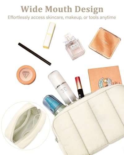 oscaurt 2 Pcs Makeup Bag Travel Toiletry Bag for Women Puffy Padded Cosmetic Pouch Purse Wide-open Makeup Organizer Case Travel Essentials - color: Beige-Set