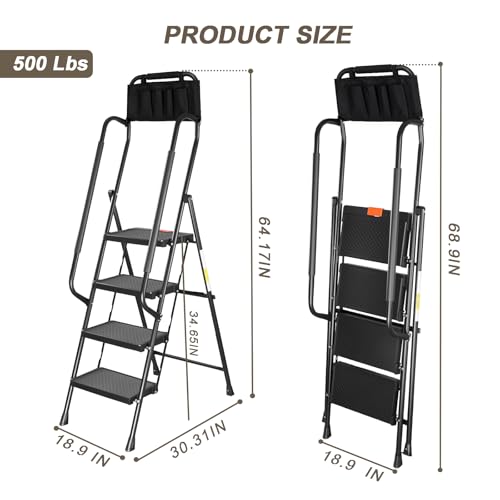 Valeo 4 Step Ladder with Handrails,500 Lbs Capacity,Folding Step Stool Ladder with Attachable Tool Bag,Lightweight & Storage Step Ladder 4 Step Folding,Multi-use for Home,Kitchen,Office,Black - style: 4 Step Ladder with Handrails