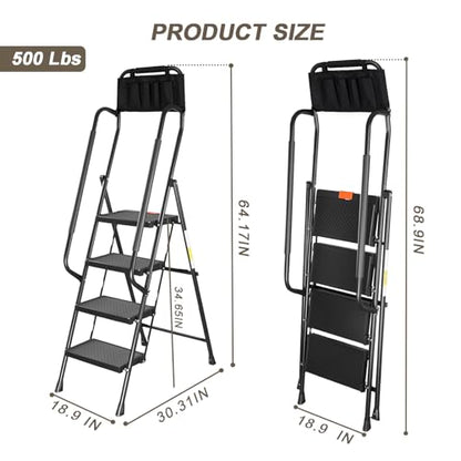 Valeo 4 Step Ladder with Handrails,500 Lbs Capacity,Folding Step Stool Ladder with Attachable Tool Bag,Lightweight & Storage Step Ladder 4 Step Folding,Multi-use for Home,Kitchen,Office,Black - style: 4 Step Ladder with Handrails