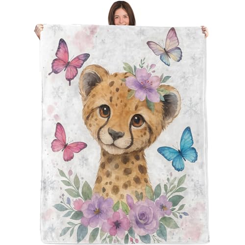 Cute Small Cheetah Blanket,40x50in,Cozy Flannel Throw with Adorable Wild Cat Flower Butterfly Design,Soft Lightweight Gifts Blankets for Kids,Sofa Bed Travel Living Room Decor - color: Cheetah, size: 50"x40"