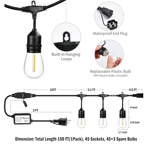 1-Pack 150 ft Outdoor String Lights with Remote Patio Lights Weatherproof, 45+3 Spare S14 Shatterproof Warm 2200K Bulbs, 3 Lighting Modes&Dimmable&Timer - size: 150FT