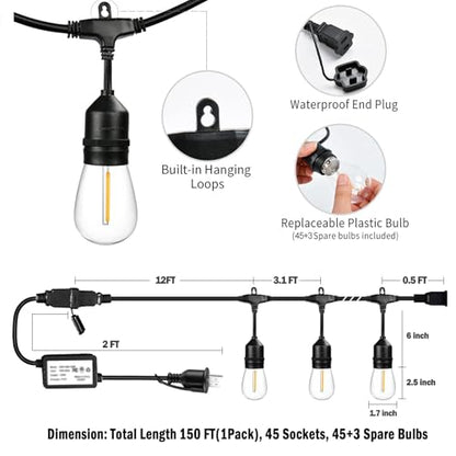 1-Pack 150 ft Outdoor String Lights with Remote Patio Lights Weatherproof, 45+3 Spare S14 Shatterproof Warm 2200K Bulbs, 3 Lighting Modes&Dimmable&Timer - size: 150FT