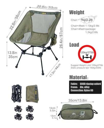 iClimb Ultralight Compact Camping Folding Beach Chair with Anti-Sinking Large Feet and Back Support Webbing (Green- Square Frame) - color: Green (Square Frame)