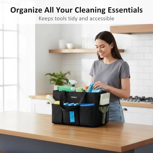 Ytonet Cleaning Caddy Bag, Large Cleaning Supplies Organizer with Handle & Foldable Divider for Cleaners, Water Resistant Housekeeping Supplies for Kitchen, Car Tool Caddy Organizer Bag, Black - size: Large