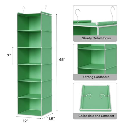 MAX Houser 6-Shelf Hanging Closet Organizer, Hanging Storage Shelves with 2 Sturdy Hooks Space-Saving for Bedroom, Foldable (Green) - color: Green