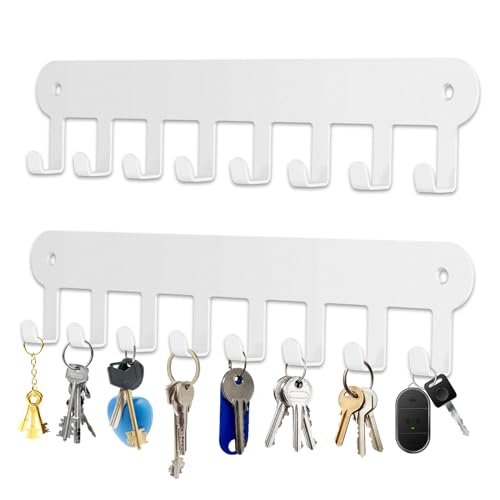 2 Pack Key Holder Wall Mount, Wall Mount Key Holder, Key Hooks Hanging Keys, Key Hanger with 8 Hooks, No-Drill Decorative White Key Rack for Living Room, Kitchen, or Bathroom - color: White