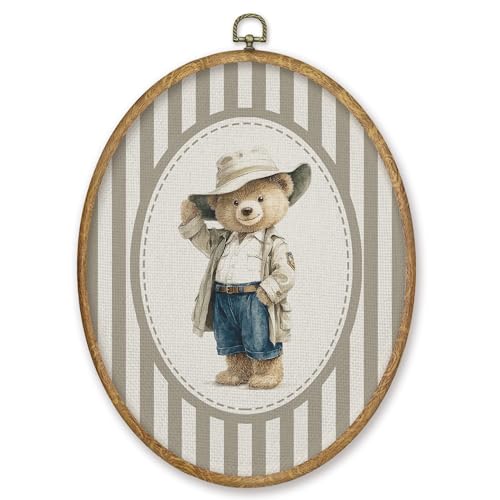 CGBHW Bear Nursery Oval Wall Art Decor Products, Kids Canvas Prints Framed, Neutral Striped Bear Wild Animal Wall Art Hanging Decor for Home Kids Baby Toddler Boy Room Bedroom Playroom, 8.6x11.4 Inch - color: Colour27