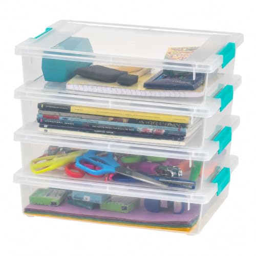 IRIS USA 6 Qt. Craft Storage Bins with Lids, 4-Pack, |Made in USA|, Clip Box, Small Plastic Sensory Bin Tote Organizer Containers for Art Supplies, Paper, & Office, Stackable - Clear/Seafoam Blue - color: Clear/Seafoam Blue, size: 6 Qt. - 4 Pack