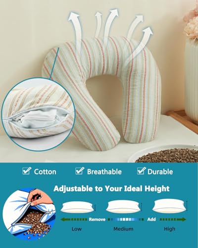 Buckwheat U Shaped Neck Pillow - 12''x12'' Adjustable Cervical Support Pillow with Breathable Buckwheat Hulls, Removable Cotton Cover, Ideal for Airplane, Office or Home Use (Grey) - color: Stripe-grey