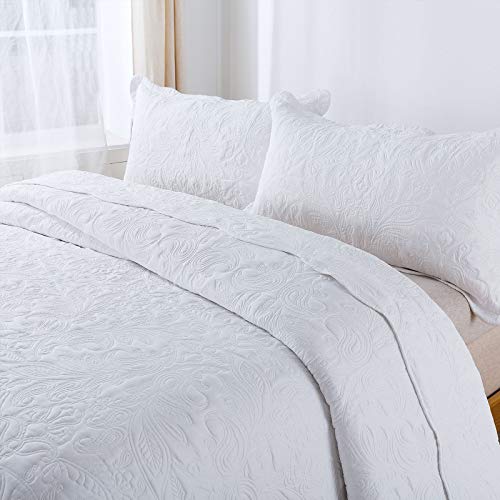 HoneiLife Quilt Set Queen Size - 3 Piece Embroidered Microfiber Bedspread Reversible Coverlet Lightweight Bedcover Paisley Pattern Bedding Set All Season Quilts-White - color: White, size: Queen/Full-90"x96"