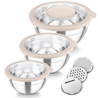 TeamFar Mixing Bowls, 3PCS Stainless Steel Serving Salad Bowls with Lids & 3 Graters, For Kitchen Mixing/Baking/Storing/Prepping, Visible & Airtight, Easy Clean - 4.5/3 / 1.5 QT, Khaki - color: Khaki, style: Transparent Airtight Lids