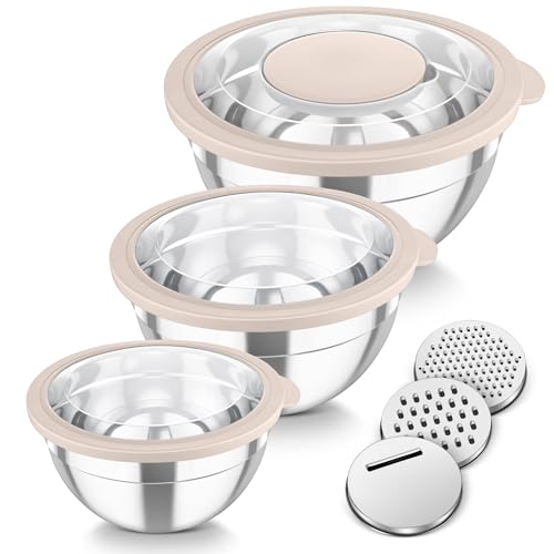 TeamFar Mixing Bowls, 3PCS Stainless Steel Serving Salad Bowls with Lids & 3 Graters, For Kitchen Mixing/Baking/Storing/Prepping, Visible & Airtight, Easy Clean - 4.5/3 / 1.5 QT, Khaki - color: Khaki, style: Transparent Airtight Lids