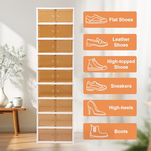 Foldable Shoe Rack Organizer Collapsible Shoe Storage Organizer with Doors, Large Plastic Folding Shoe Rack, Clear Stackable Shoe Boxes Easy Assembly Shoe Cabinet for Entryway (9 Tiers-18 Pairs) - size: 9 Tiers-18 Pairs