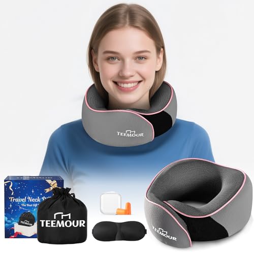 Teemour Travel Neck Pillow Airplane- Upgraded Memory Foam Neck Pillow for Airplanes 360° Support Desing, with Eye Mask & Earplugs, Portable Carry Bag for Long Flights, Business Trip|Travel Essentials - color: Grey&pink (Medium Size)