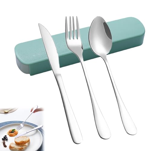 Portable Cutlery Set with Case, 4-Piece Stainless Steel Utensils, Knife Fork Spoon Set with Mint Green Storage Box for Travel, Camping, Office (Knife, Fork, Spoon) - color: Knife, Fork, Spoon