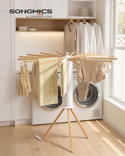 SONGMICS Clothes Drying Rack Foldable, Rotary Tripod Laundry Drying Rack, Rotatable Portable Floor Standing Clothes Airer, Laundry Room Balcony, 16 Pull-Out Wood Arms, Natural Color ULLR530YW01 - style: Wood Arms