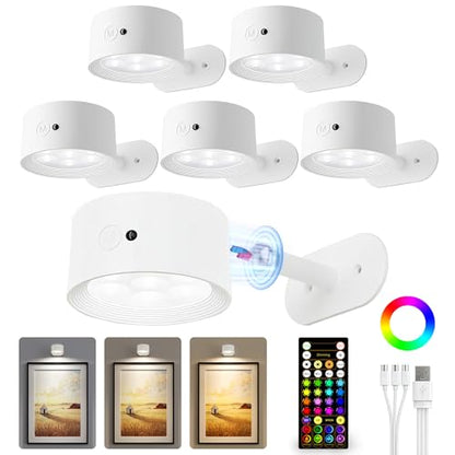 Picture Lights for Wall, 2000mAh Rechargeable Magnetic Art Lights with 3 Color Temps & RGB, Remote Dimmable Battery Operated Wall Light for Bedroom, Living Room, Gallery (White, 6 Pack) - color: White
