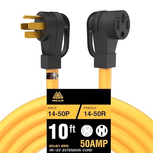 RV Power Yellow Extension Cord 10 FT Waterproof NEMA 14-50P Male to 14-50R Female Heavy Duty 6/3+8/1 Gauge STW Wire with Grip Handle ETL Listed 4 Prong 50 Amp 10 Feet - size: 10 FT