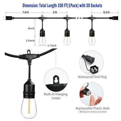 100FT String Lights for Outside Patio Lights with 30+2 Replaceable S14 2200K Warm Bulbs for Outdoor Pergola Backyard Porch, Linkable, Hooks and Zip Ties Included, 1-Pack - size: 100 feet(1Pack)
