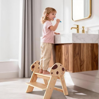 Beech Wooden Toddler Step Stool, 2-Step Foldable Stool for Kids with Non-Slip Surface, Baby Bathroom Stool for Potty Training, Bathroom Sink, Kitchen Counter with Cute Mushroom Design - style: Mushroom