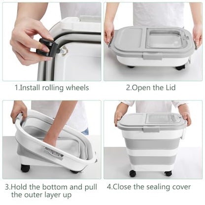 ShineMe Dog Food Storage Container, 30 Lbs Collapsible Food Storage Containers with Rolling Wheel Airtight Locking Lid, Cat Foods Bin with Cup and Scoop, Suitable for Pet Snack, Rice, Flour (Grey) - color: 30 Lbs Grey