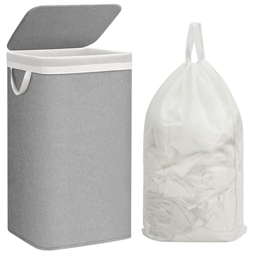 STORAGE MANIAC Metal Frame Laundry Hamper with Lid, 23.7 Gal Tall Laundry Baskets with Removeable Bag, Large Clothes Hamper with PU Tag, Laundry Bin for Dorm, Collage, Bathroom, Bedroom, Gray - size: 1 Section