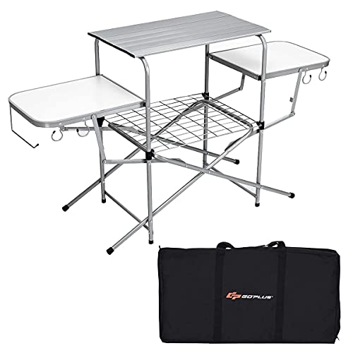 Goplus Folding Grill Table, Aluminum Camping Table with 26'' Main Tabletop, Hooks and Carry Bag, Portable Picnic Table Grill Stand for Outdoor Tailgating BBQ Beach Backyard RV