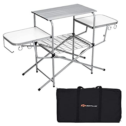 Goplus Folding Grill Table, Aluminum Camping Table with 26'' Main Tabletop, Hooks and Carry Bag, Portable Picnic Table Grill Stand for Outdoor Tailgating BBQ Beach Backyard RV