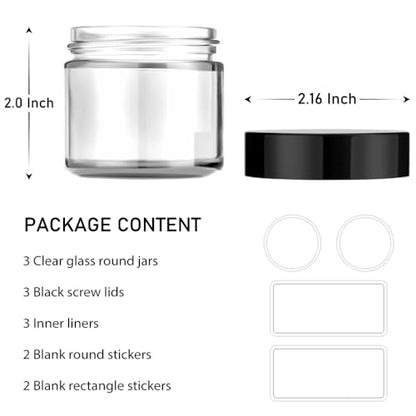Small Glass Jars with Lids, 3 pack 2 oz Bumobum Clear Jars with Black Lids, Blank Labels & Inner Liners, 60 ml Empty Round Cosmetic Containers for Sample, Powder, Cream, Lotion, Spice